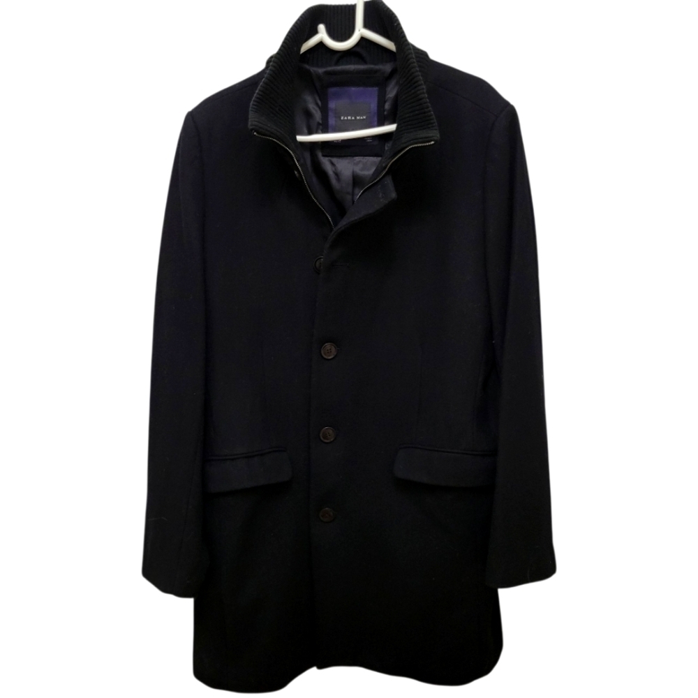 Zara Men's Black Wool Blend‎ Single Breast PeaCoat XL EUC Professional Career